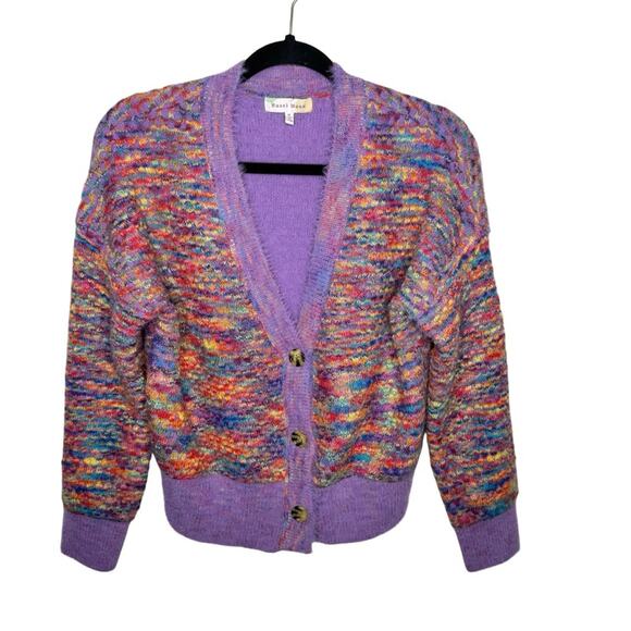 HAZEL MOON / purple multicolored rainbow fuzzy button up cardigan sweater / M - Picture 1 of 9